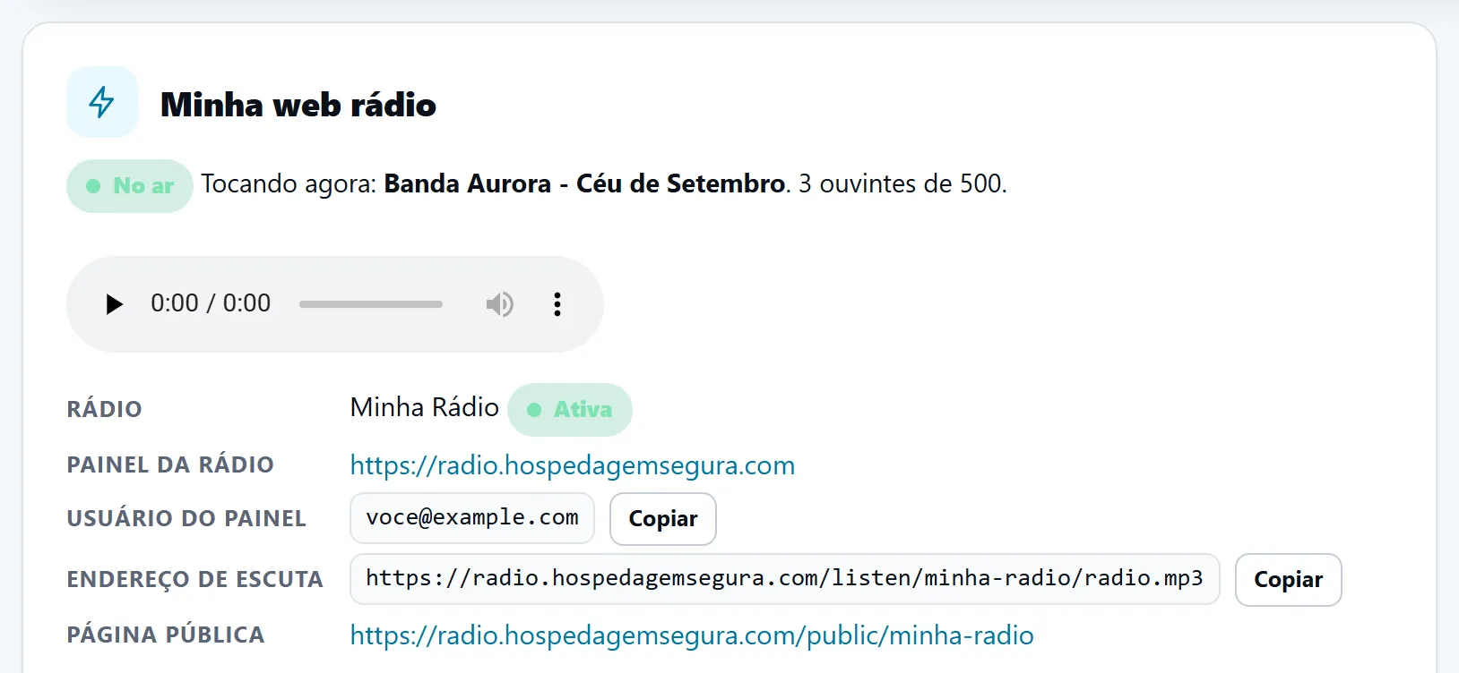 Cartão Minha web rádio na central do cliente, com o endereço do painel da rádio