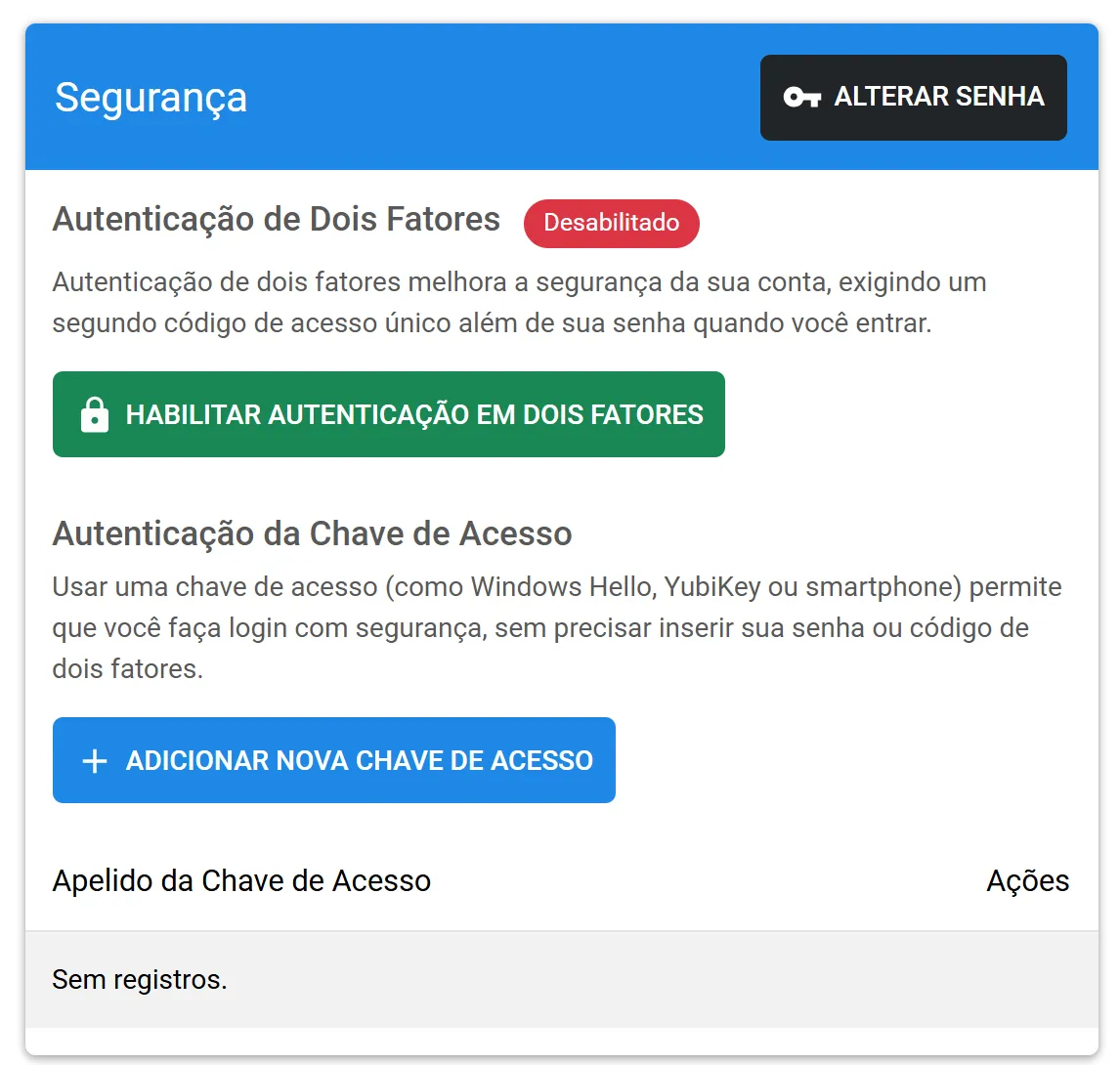 Quadro Segurança da conta com o botão para habilitar a autenticação em dois fatores