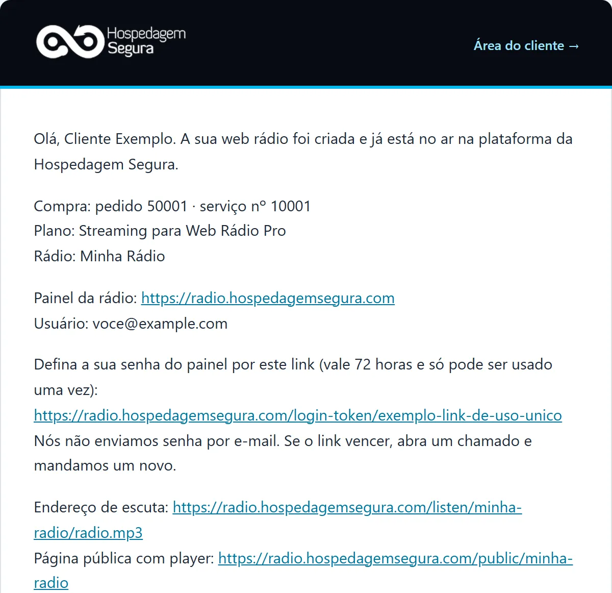 E-mail "Sua web rádio está pronta" com o endereço do painel, o usuário e o link de uso único para criar a senha