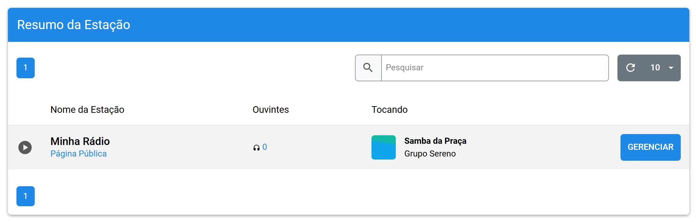 Lista de estações do painel com a Minha Rádio e o botão Gerenciar