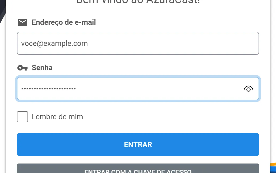 Tela de login do painel da rádio com o e-mail e a senha preenchidos e o botão Entrar