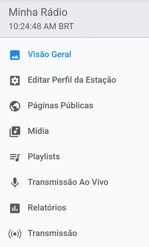 Menu lateral da estação: Visão Geral, Editar Perfil da Estação, Páginas Públicas, Mídia, Playlists, Transmissão Ao Vivo, Relatórios e Transmissão