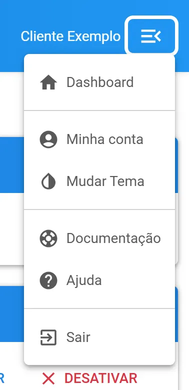 Menu do usuário aberto no canto superior direito do painel, com a opção Minha conta