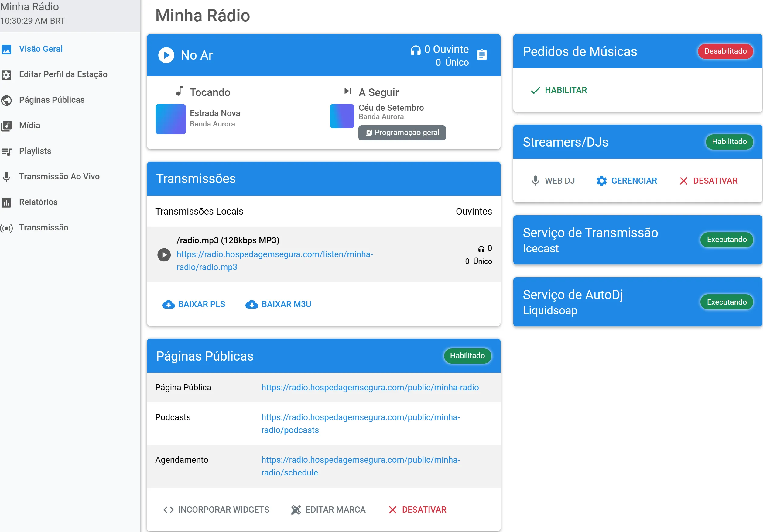 Visão Geral da estação com os quadros No Ar, Transmissões, Páginas Públicas, Streamers/DJs, Pedidos de Músicas e serviços
